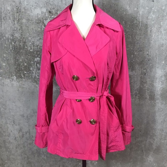 Trina Turk Womens Short Trench Coat Size S Hot Pink Double Breasted Belted Chic - Picture 3 of 16